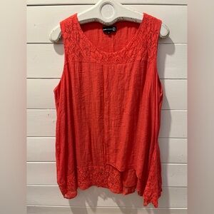 🧡☀️ CLAIRE FRANCE – Sleeveless Coral Tunic Top with Lace Trim (Size 2X)